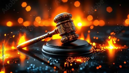 Wooden judge's gavel on black reflective surface, dramatic lighting, fiery sparks, orange embers, legal justice concept, high contrast, macro photography, dark background, symbolic imagery, cinematic  photo