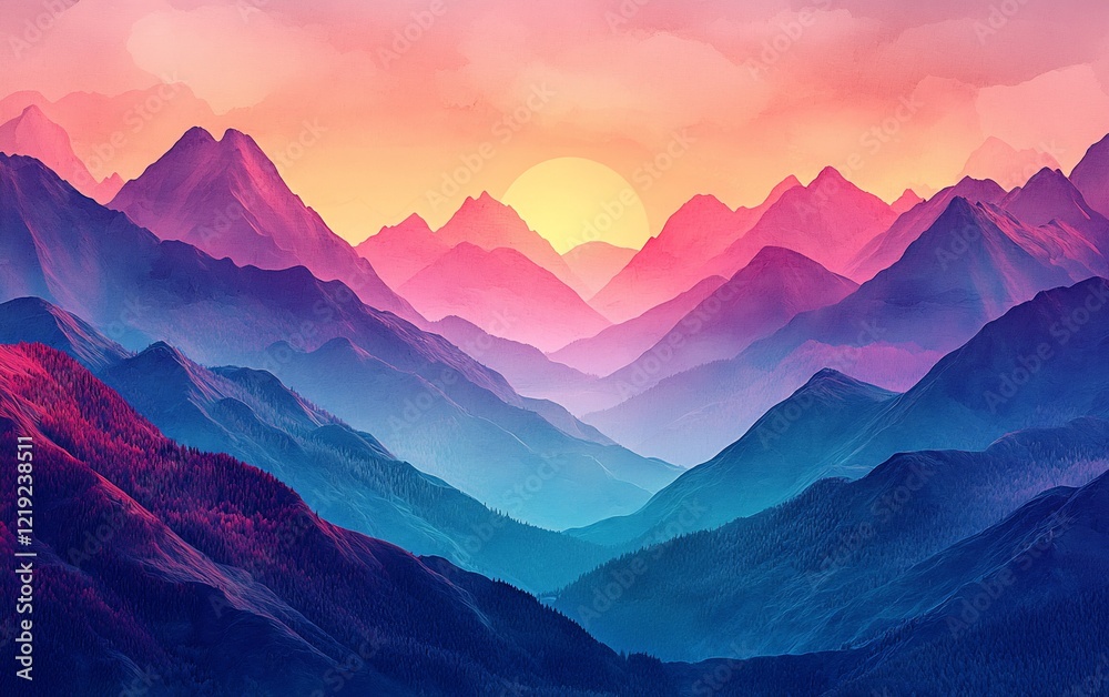 Obraz premium Vibrant sunset over majestic mountain range.