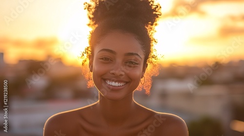 heerful Young Woman in Golden Hour Urban Setting photo