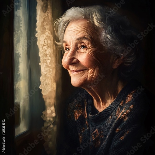 Elderly Woman Gazing Outside with a Gentle Smile by a Window photo