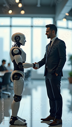 A humanoid robot shaking hands with a businessman in a modern office symbolizes cooperation between humans and AI, showcasing a bright future in technology and collaboration