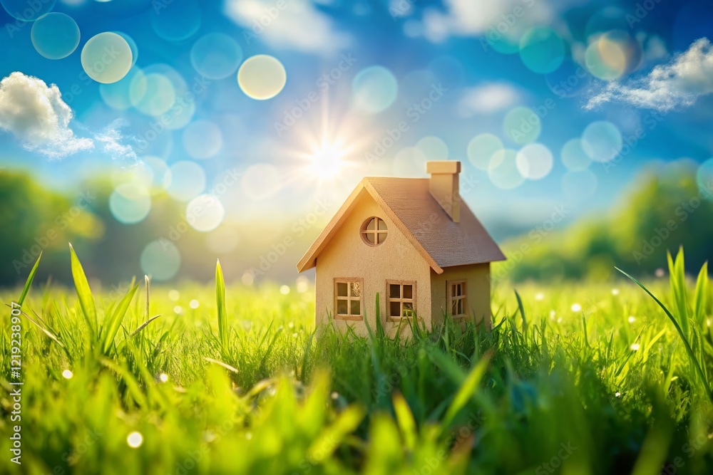 Paper Art House Green Field Blue Sky Bokeh Background Stock Photo Paper Art House Green Field Blue Sky Bokeh Background Stock Photo