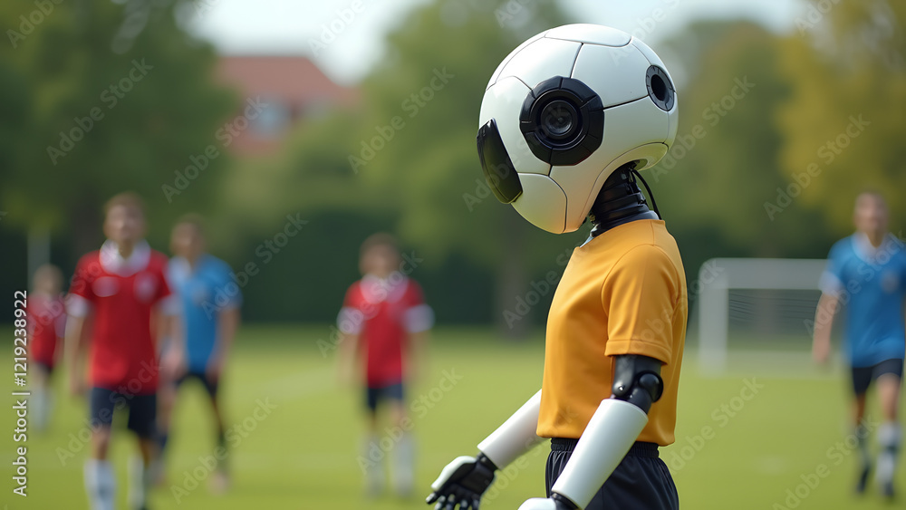 Fototapeta premium A humanoid robot acts as a referee in a friendly soccer game, closely observing players on the field with a soccer ball-shaped head