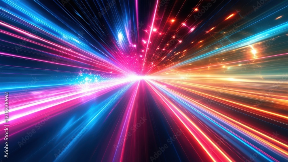 Abstract light trails, colorful energy beams, high speed motion, futuristic tunnel, neon colors, vibrant pink and blue, dynamic composition, sci-fi atmosphere, hyperspace effect, long exposure photogr Abstract light trails, colorful energy beams, high speed motion, futuristic tunnel, neon colors, vibrant pink and blue, dynamic composition, sci-fi atmosphere, hyperspace effect, long exposure photogr