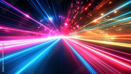 Abstract light trails, colorful energy beams, high speed motion, futuristic tunnel, neon colors, vibrant pink and blue, dynamic composition, sci-fi atmosphere, hyperspace effect, long exposure photogr