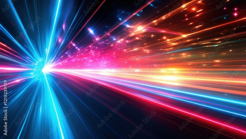 Abstract light trails, colorful energy beams, high speed motion, futuristic tunnel, neon colors, vibrant pink and blue, dynamic composition, sci-fi atmosphere, hyperspace effect, long exposure photogr