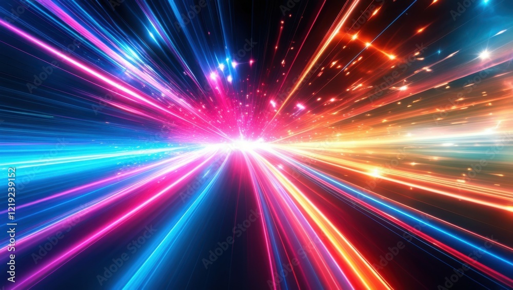 Abstract light trails, colorful energy beams, high speed motion, futuristic tunnel, neon colors, vibrant pink and blue, dynamic composition, sci-fi atmosphere, hyperspace effect, long exposure photogr Abstract light trails, colorful energy beams, high speed motion, futuristic tunnel, neon colors, vibrant pink and blue, dynamic composition, sci-fi atmosphere, hyperspace effect, long exposure photogr
