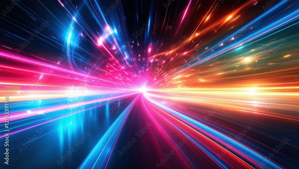 Abstract light trails, colorful energy beams, high speed motion, futuristic tunnel, neon colors, vibrant pink and blue, dynamic composition, sci-fi atmosphere, hyperspace effect, long exposure photogr Abstract light trails, colorful energy beams, high speed motion, futuristic tunnel, neon colors, vibrant pink and blue, dynamic composition, sci-fi atmosphere, hyperspace effect, long exposure photogr