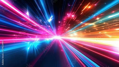 Abstract light trails, colorful energy beams, high speed motion, futuristic tunnel, neon colors, vibrant pink and blue, dynamic composition, sci-fi atmosphere, hyperspace effect, long exposure photogr