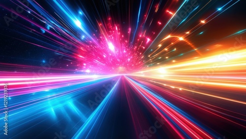 Abstract light trails, colorful energy beams, high speed motion, futuristic tunnel, neon colors, vibrant pink and blue, dynamic composition, sci-fi atmosphere, hyperspace effect, long exposure photogr