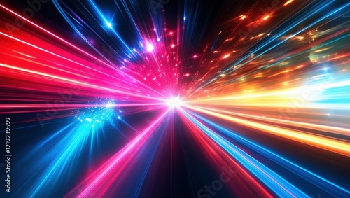 Abstract light trails, colorful energy beams, high speed motion, futuristic tunnel, neon colors, vibrant pink and blue, dynamic composition, sci-fi atmosphere, hyperspace effect, long exposure photogr