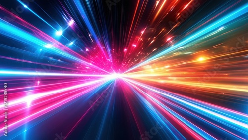 Abstract light trails, colorful energy beams, high speed motion, futuristic tunnel, neon colors, vibrant pink and blue, dynamic composition, sci-fi atmosphere, hyperspace effect, long exposure photogr