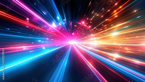 Abstract light trails, colorful energy beams, high speed motion, futuristic tunnel, neon colors, vibrant pink and blue, dynamic composition, sci-fi atmosphere, hyperspace effect, long exposure photogr