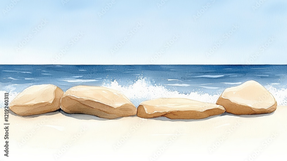 Tranquil Beach Scene with Smooth Rocks Beside Gentle Waves and Blue Sky Above Tranquil Beach Scene with Smooth Rocks Beside Gentle Waves and Blue Sky Above