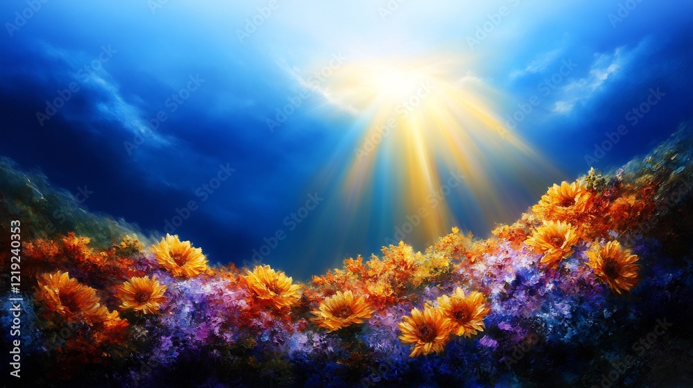 Fototapeta premium Heavenly Sunbeams Illuminating a Vibrant Floral Meadow