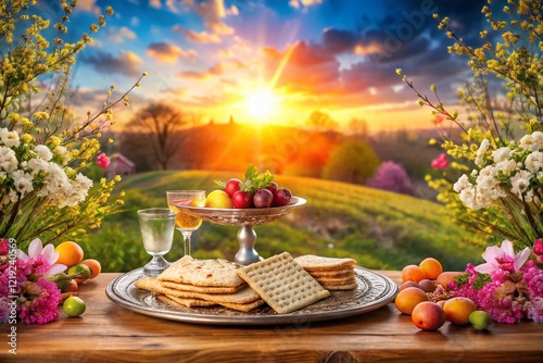 Passover Seder Plate Double Exposure: Festive Food & Symbolic Imagery photo