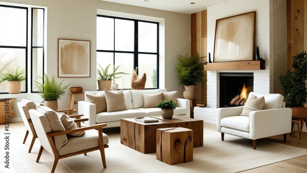 Fototapeta premium Modern living room, minimalist design, neutral color palette, fireplace, white sofa, wooden coffee table, mid-century armchair, large windows, natural light, potted plant, abstract wall art, accent wa