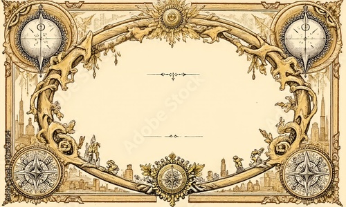 A vintage-style alchemical label with ornate gold and black ink designs, no text