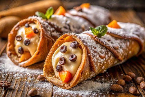 Close-up Macro Photography of a Delicate Cannoli, Sicilian Pastry, Sweet Treat, Dessert photo