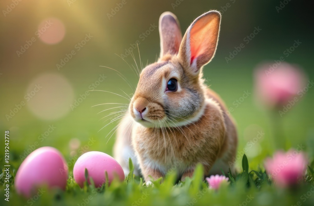 Fototapeta premium cute rabbit with easter eggs on green grass