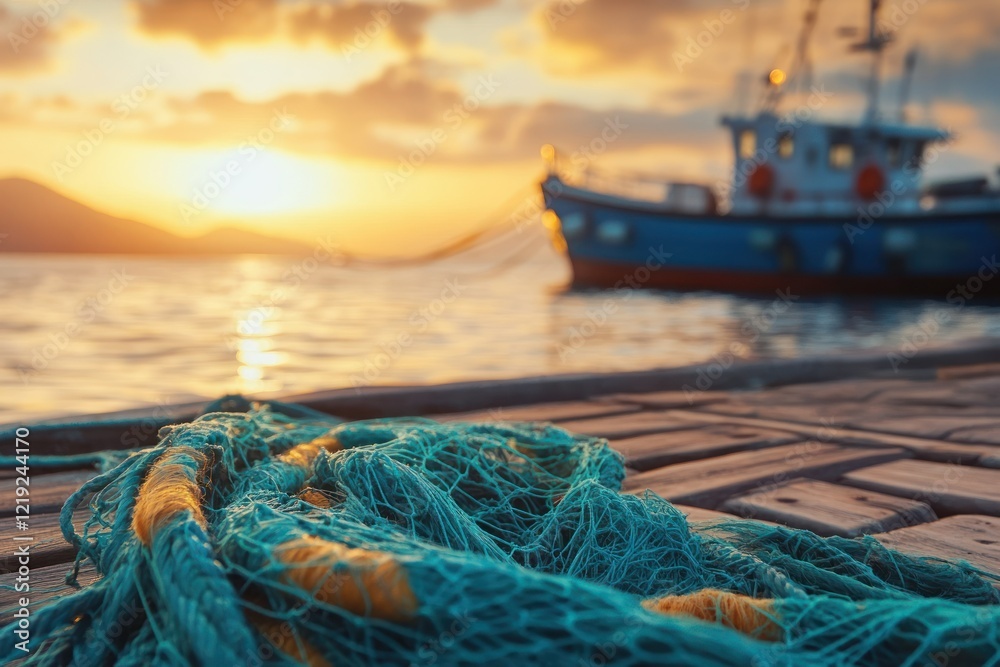 Vibrant Fishing Nets on Wooden Dock at Sunset Vibrant Fishing Nets on Wooden Dock at Sunset