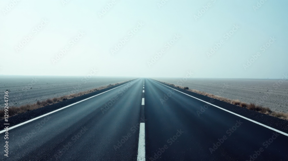 Fototapeta premium Asphalt road disappearing into a hazy, flat landscape under a pale sky, conveying a sense of journey and the unknown.