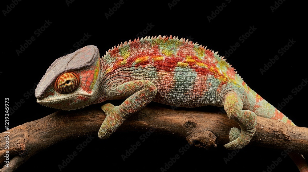 Obraz premium Colorful chameleon perched on branch, black background, reptile wildlife