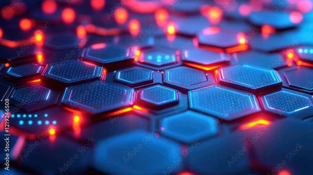 Obraz premium Abstract hexagonal pattern with glowing red and blue lights.