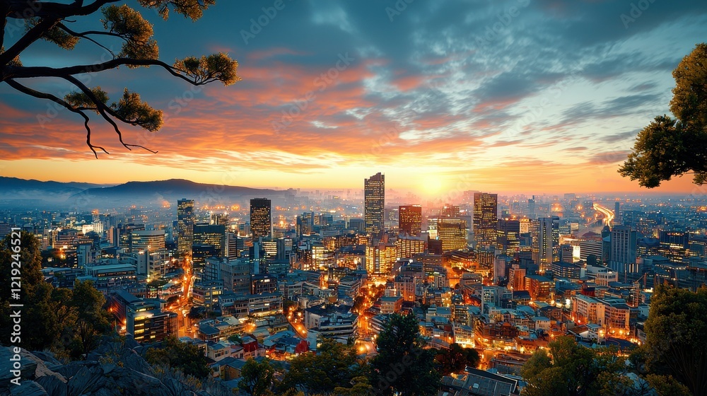 Fototapeta premium Vibrant sunset over a city skyline with illuminated buildings and scenic clouds. PM2.5 concept