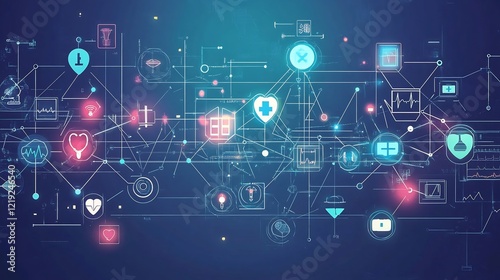 Artistic depiction of health technology interconnected geometric shapes symbolizing digital healthcare solutions telemedicine and innovations improving patient care