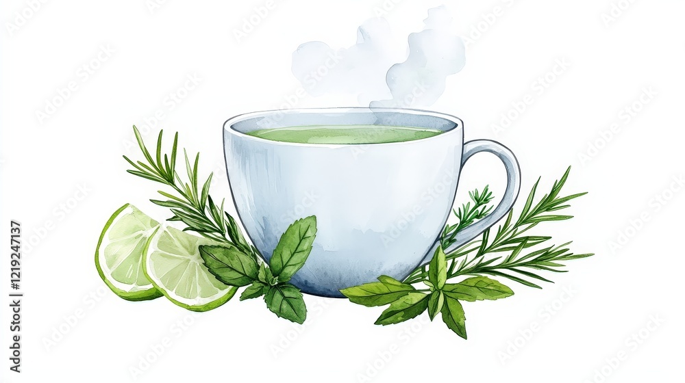 Hot Herbal Tea with Lime and Fresh Herbs in a White Cup Surrounded by Greenery Hot Herbal Tea with Lime and Fresh Herbs in a White Cup Surrounded by Greenery