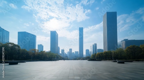 Deserted city square with towering skyscrapers in the background.
