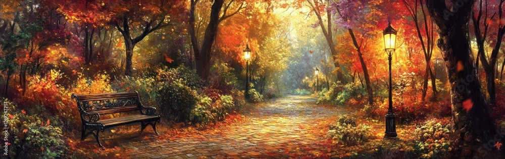 Naklejka premium Autumnal Park Path Bench and Lamps
