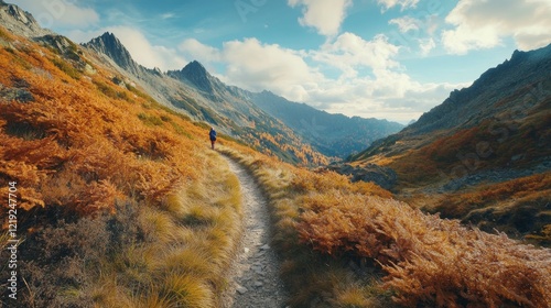 Trek along a mountain path amidst the stunning Western and High Tatras. Admire the vibrant autumn foliage and painted sky as you hike through this scenic landscape. photo