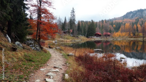 Trek along a mountain path amidst the stunning Western and High Tatras. Admire the vibrant autumn foliage and painted sky as you hike through this scenic landscape. photo