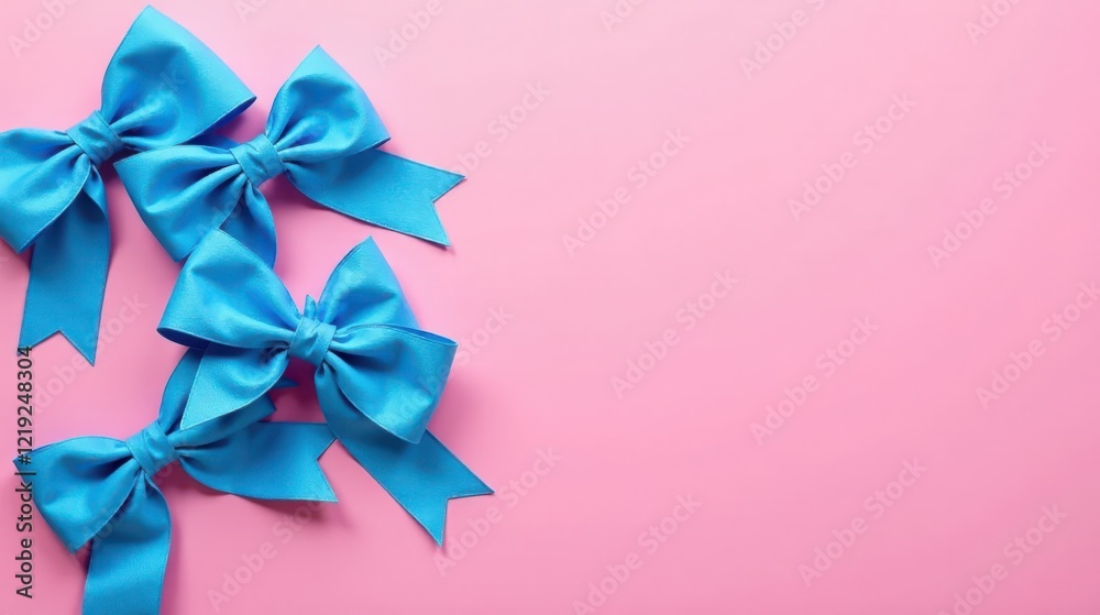 Three Light Blue Satin Bows Arranged on a Pink Background, Leaving Ample Space for Text or Design Elements Three Light Blue Satin Bows Arranged on a Pink Background, Leaving Ample Space for Text or Design Elements