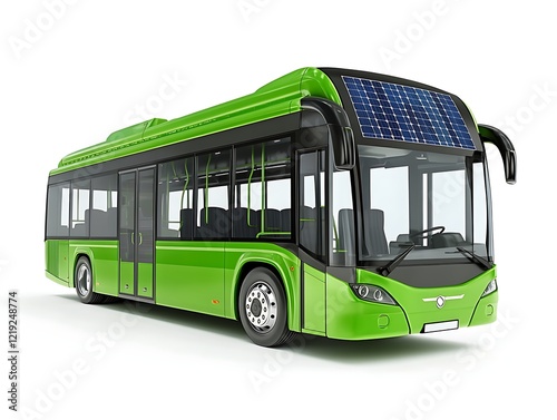 Eco-Friendly Solar Bus: A sleek, vibrant green electric bus equipped with solar panels on its roof, representing sustainable transportation and clean energy solutions. 
