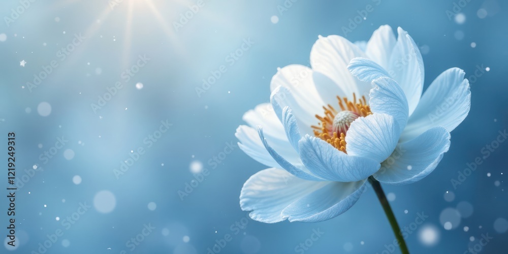 A Delicate Light Blue Flower in a Serene Winter Setting with Soft Glowing Sunlight and Gentle Snowflakes A Delicate Light Blue Flower in a Serene Winter Setting with Soft Glowing Sunlight and Gentle Snowflakes