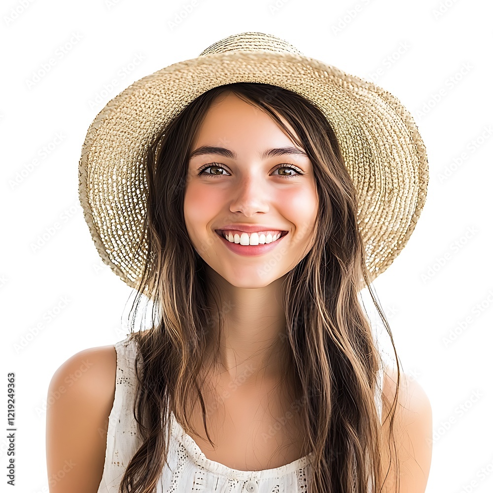 Summer Radiance: A young woman with a radiant smile, long brown hair, and a stylish straw hat, exuding summertime happiness and carefree beauty. Summer Radiance: A young woman with a radiant smile, long brown hair, and a stylish straw hat, exuding summertime happiness and carefree beauty.