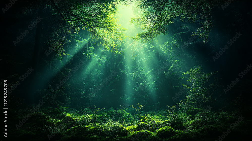 Obraz premium Forest with Sunlight Streaming Through the Trees