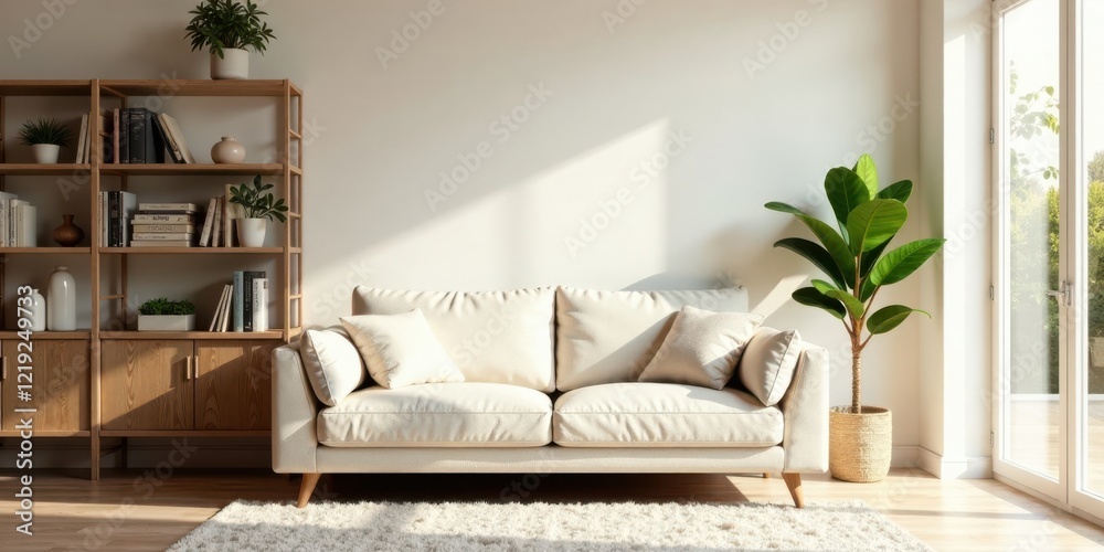 Naklejka premium Serene Living Room with Neutral Tones and Natural Light, Featuring a Comfortable Sofa, Wooden Shelving Unit, and Lush Potted Plant