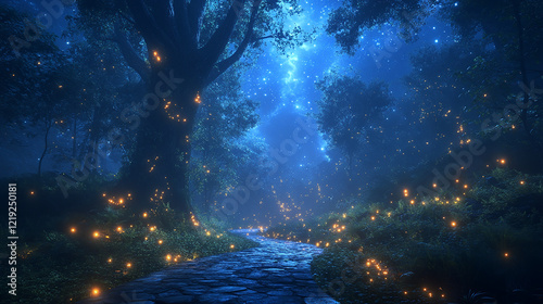 Forest with Sparkling Fireflies and Mystical Night Path
