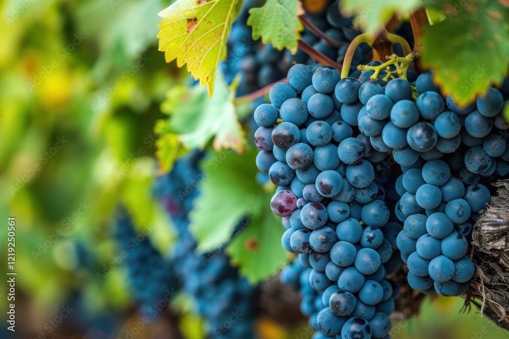 Close up of ripe purple grapes hanging on the vine in a sunlit vineyard, ready for harvest and wine production Close up of ripe purple grapes hanging on the vine in a sunlit vineyard, ready for harvest and wine production