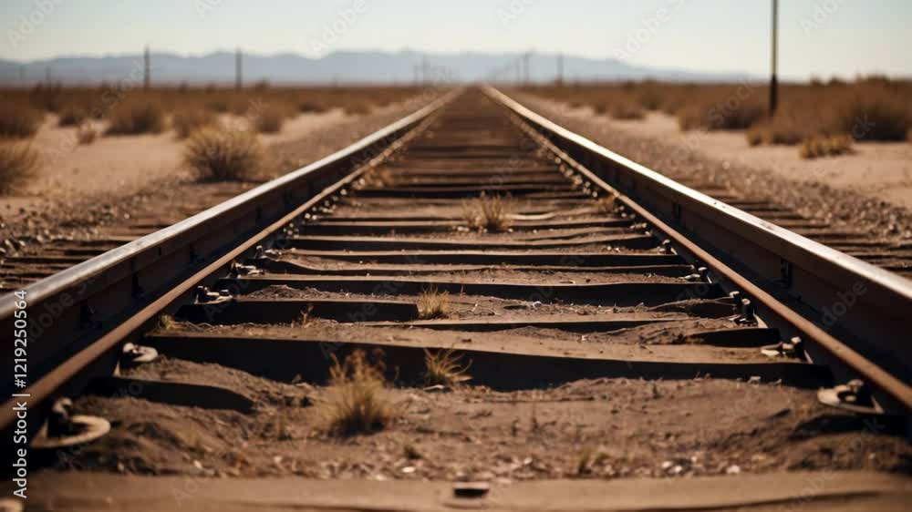 Train tracks stretching into the desert, with rusty rails and sparse vegetation.