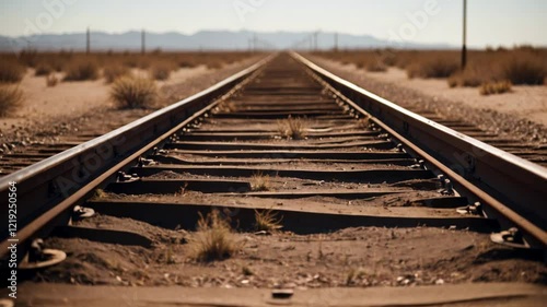 Train tracks stretching into the desert, with rusty rails and sparse vegetation.