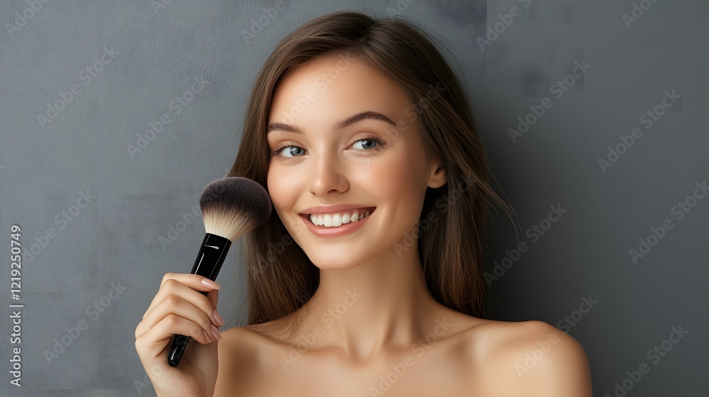 Beautiful Woman Applying Makeup Powder Blush, Holding Makeup Brush, Skincare Routine Beautiful Woman Applying Makeup Powder Blush, Holding Makeup Brush, Skincare Routine