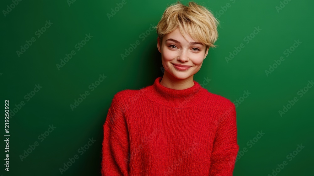Cheerful young Slavic woman with short blonde hair in a bright red blouse standing against a solid green background Cheerful young Slavic woman with short blonde hair in a bright red blouse standing against a solid green background