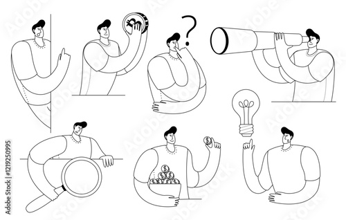Set of characters in a linear simple style. Vector icons for designing business messages. Young man in various business situations.