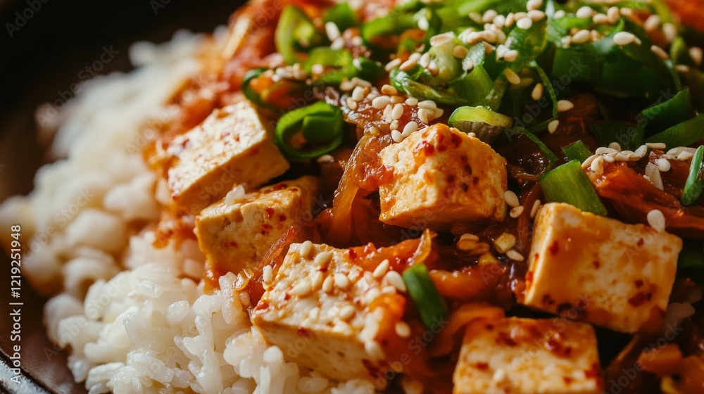 Close-up of rice with spicy kimchi stir-fry and tofu. Featuring tangy kimchi and crispy tofu. Emphasizing a flavorful Korean-inspired dish. Close-up of rice with spicy kimchi stir-fry and tofu. Featuring tangy kimchi and crispy tofu. Emphasizing a flavorful Korean-inspired dish.