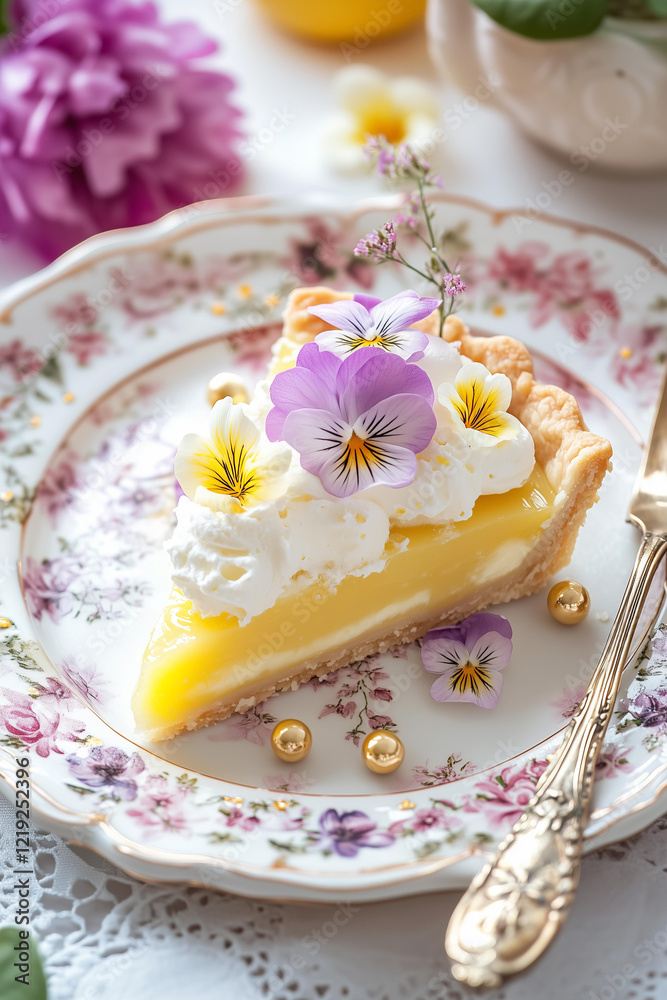 a professional photo of a slice of lemon tart with a smooth, glossy yellow filling, elegantly topped with whipped cream and vibrant edible flowers, presented on a vintage floral patterned plate a professional photo of a slice of lemon tart with a smooth, glossy yellow filling, elegantly topped with whipped cream and vibrant edible flowers, presented on a vintage floral patterned plate